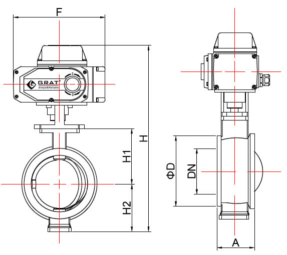 對(duì)夾式硬密封電動(dòng)調(diào)節(jié)閥主要連接尺寸圖