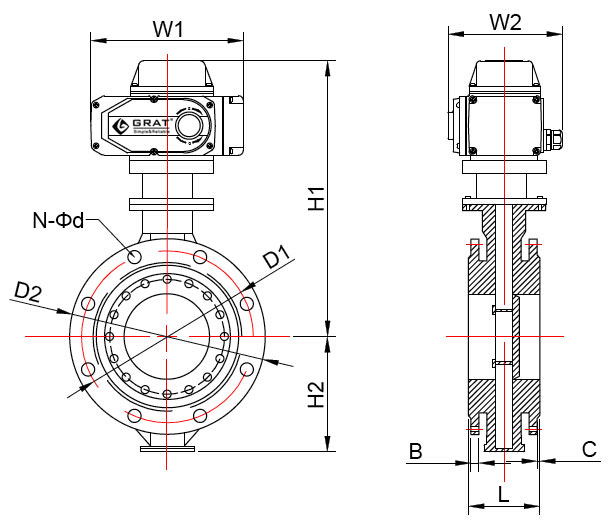 硬密封電動(dòng)蝶閥法蘭連接安裝尺寸圖 硬密封電動(dòng)蝶閥安裝尺寸圖表