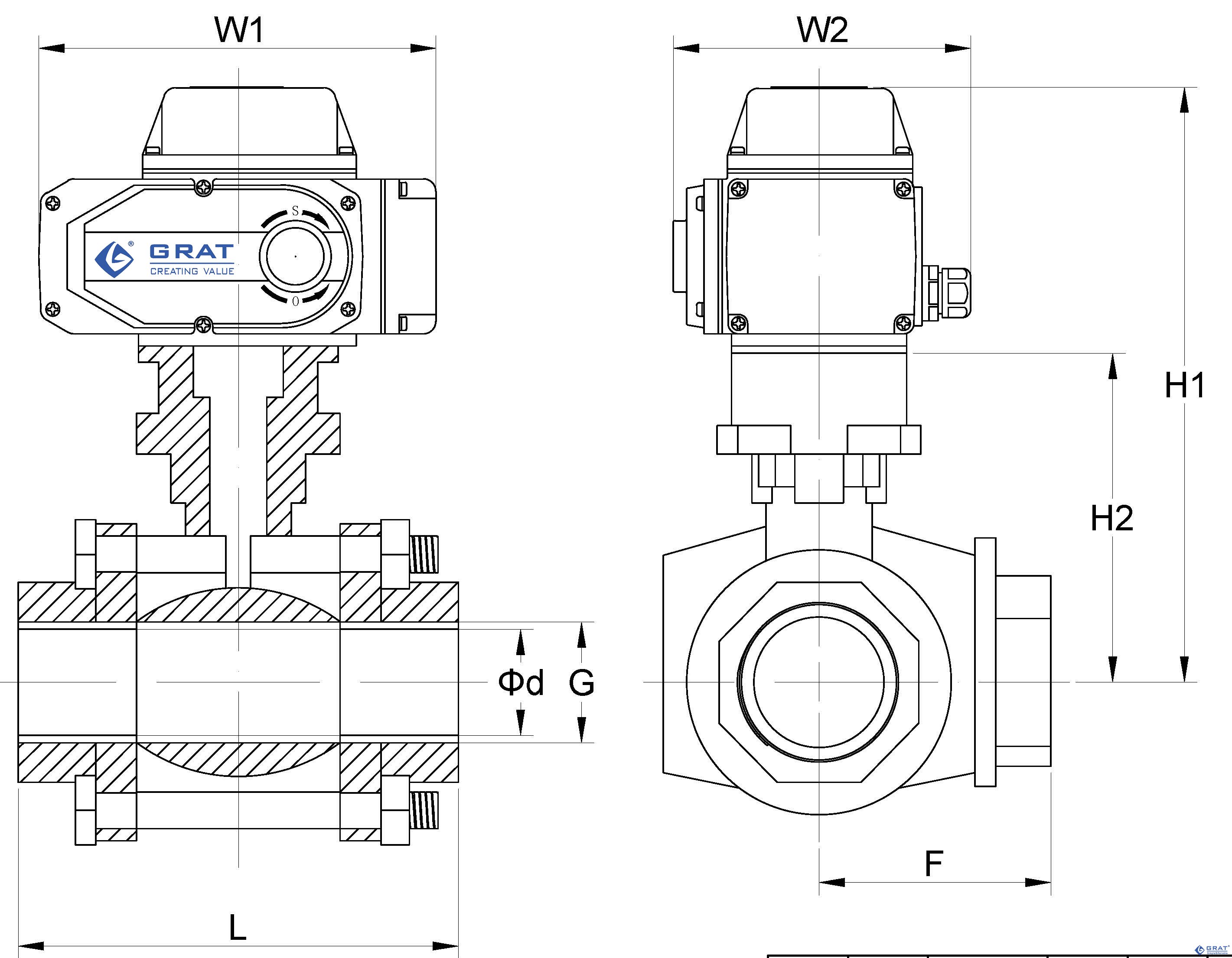 電動三通球閥內(nèi)螺紋連接安裝尺寸圖