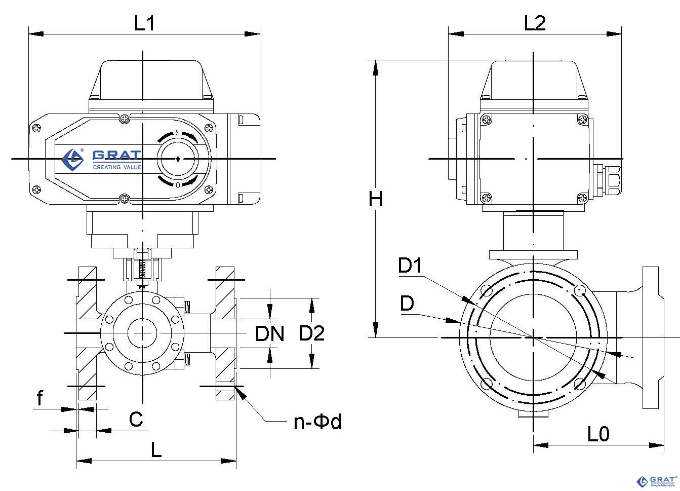 電動三通球閥法蘭連接安裝尺寸圖