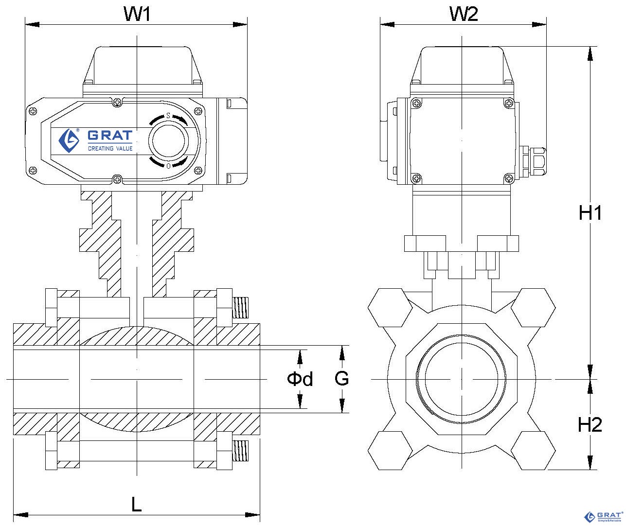 內(nèi)螺紋電動(dòng)球閥外形圖和連接尺寸圖